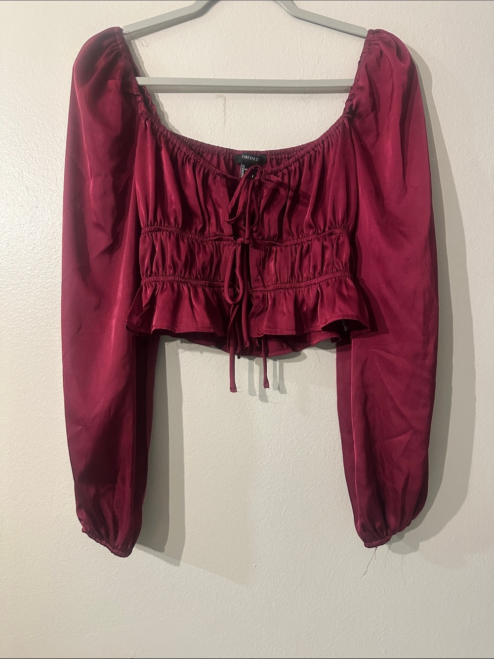 Forever 21 Wine Red Puff Sleeve Cropped Peasant Top Sz S